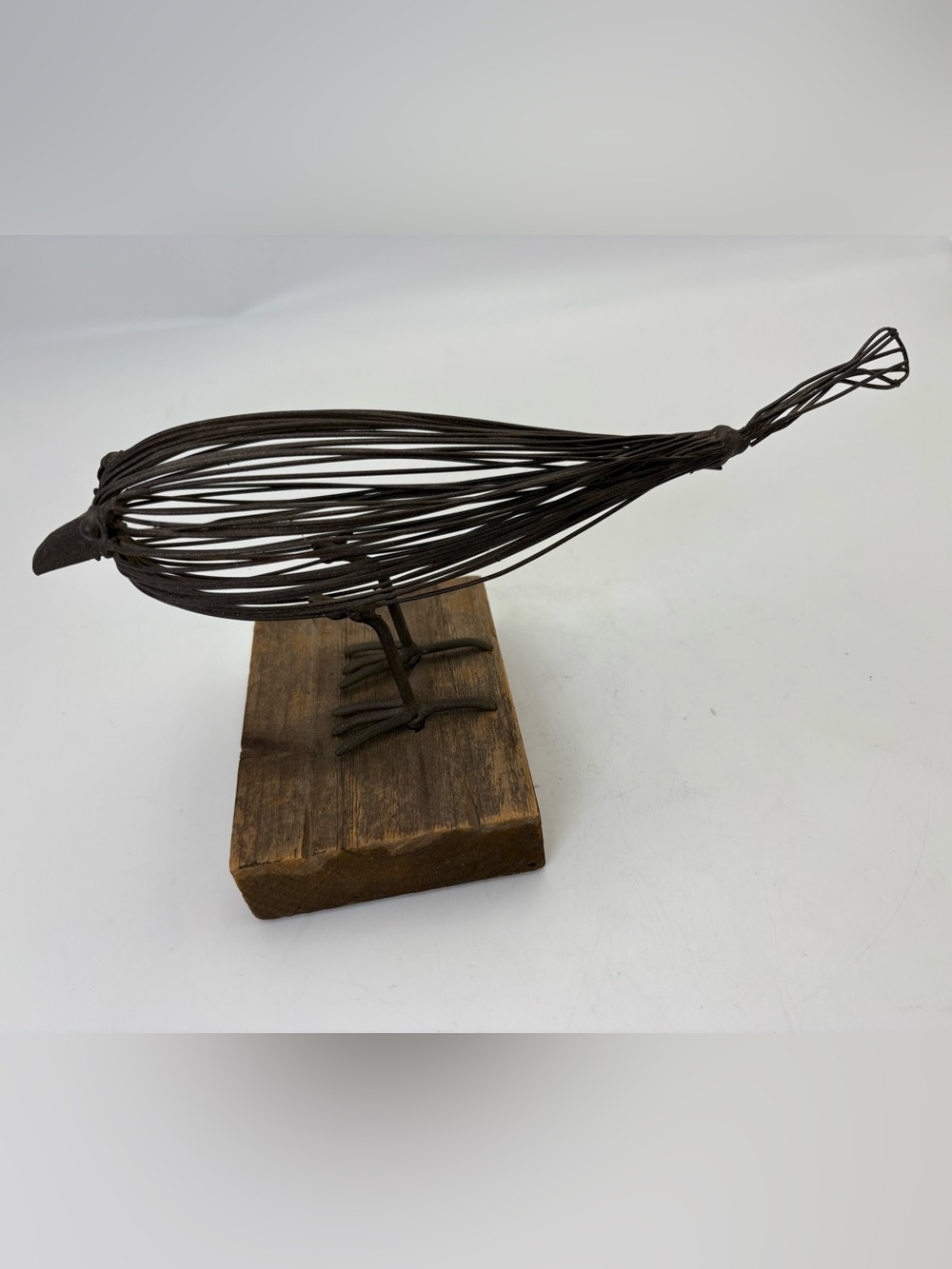 Rustic Handcrafted Metal Wire Bird Figurine on Wooden Base - Picture 9 of 13